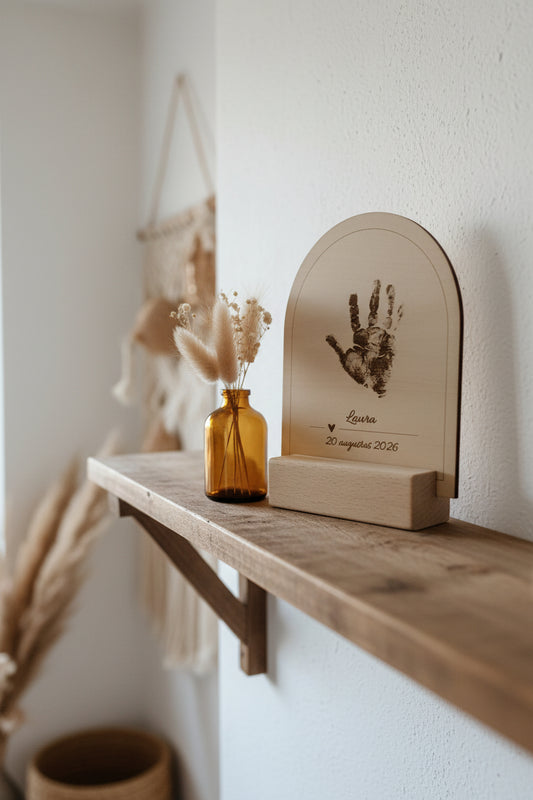 Houten herinneringsboog met hand of voetafdruk (gepersonaliseerd)